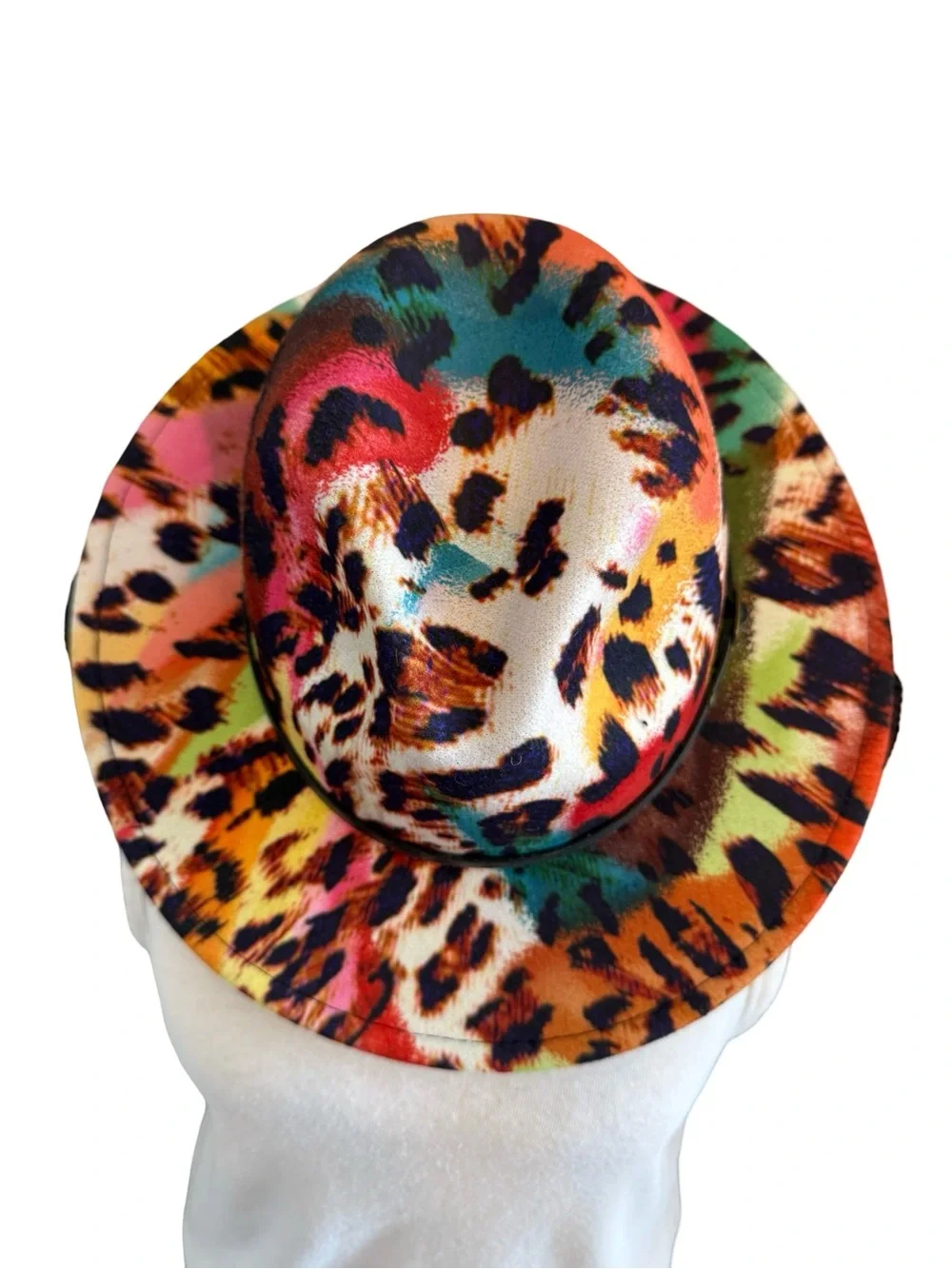 Multicolor Leopard Print Fedora Hat Adjustable Wide Brim Boho Festival One Size